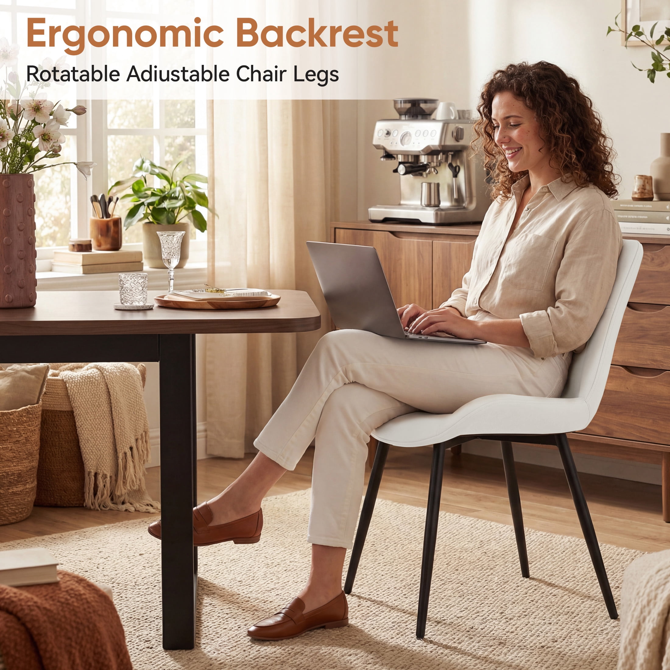 MOONMISS Dining Chair Set of 2,Upholstered with Ergonomic Backrest Metal Legs for Kitchen Office Reading,Beige