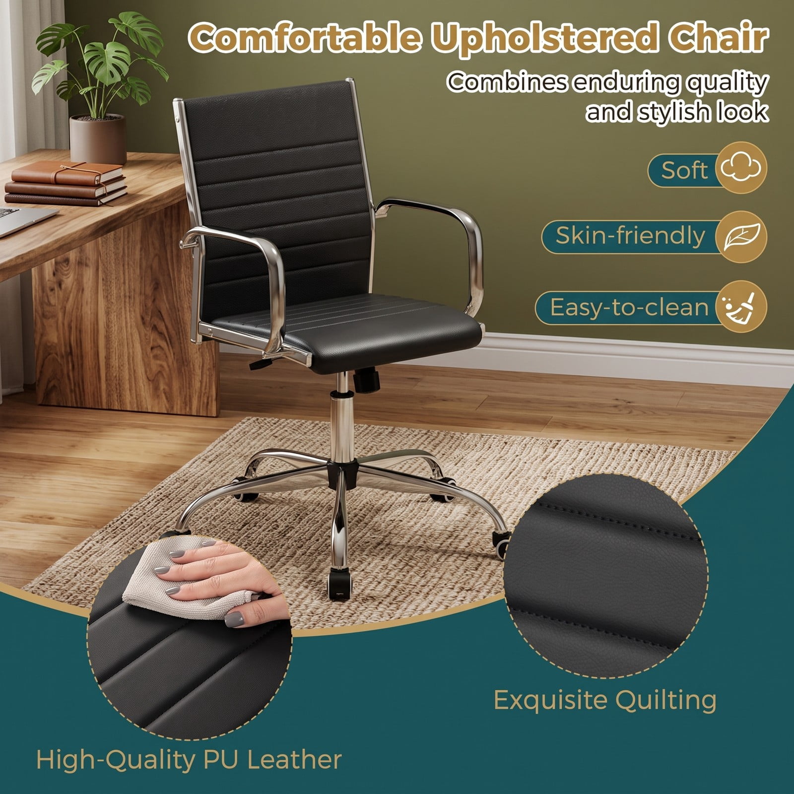 Furnibear Ergonomic Office Chair, Height Adjustable Conference Room Desk Chair with Rocking S-Shaped Backrest, 360 Degree Swivel Executive Task Chair with, Black