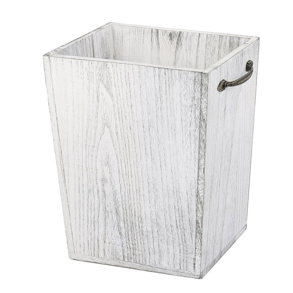 Wooden Waste Basket Trash Can Country Farmhouse Square Trash Can with Decorative Metal Handle