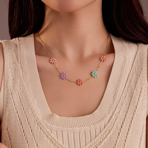 NICKSUN 18K Gold Plated Stainless Steel Colorful Enamel Daisy Pendant Necklace, Dainty Five-Petal Floral Collarbone Chain Sweet Daily Jewelry for Women