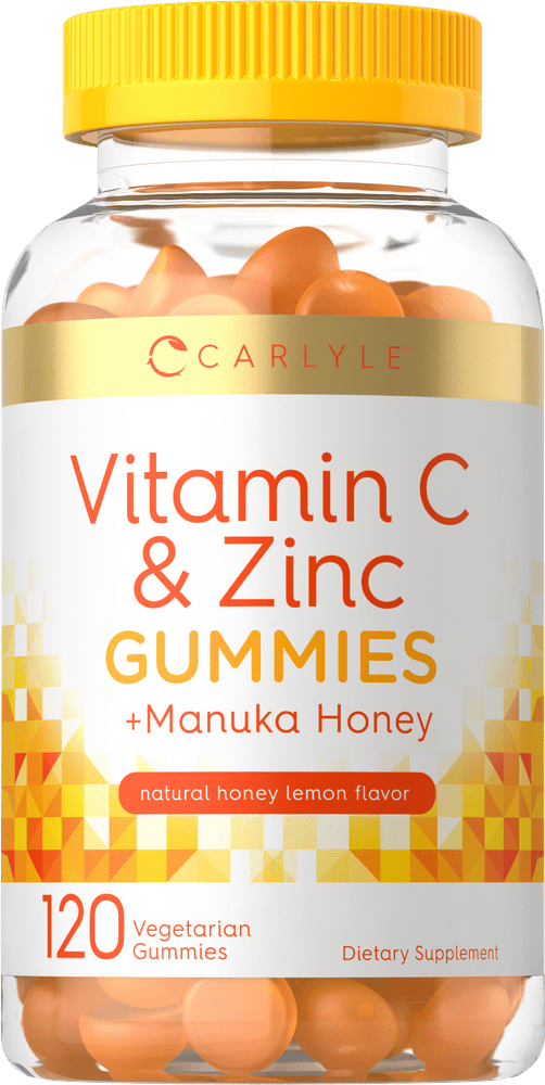 Vitamin C and Zinc Gummies | 120 Count | with Manuka Honey | Vegetarian , Non-GMO, Gluten Free Supplement | Natural Honey Lemon Flavor | by Carlyle