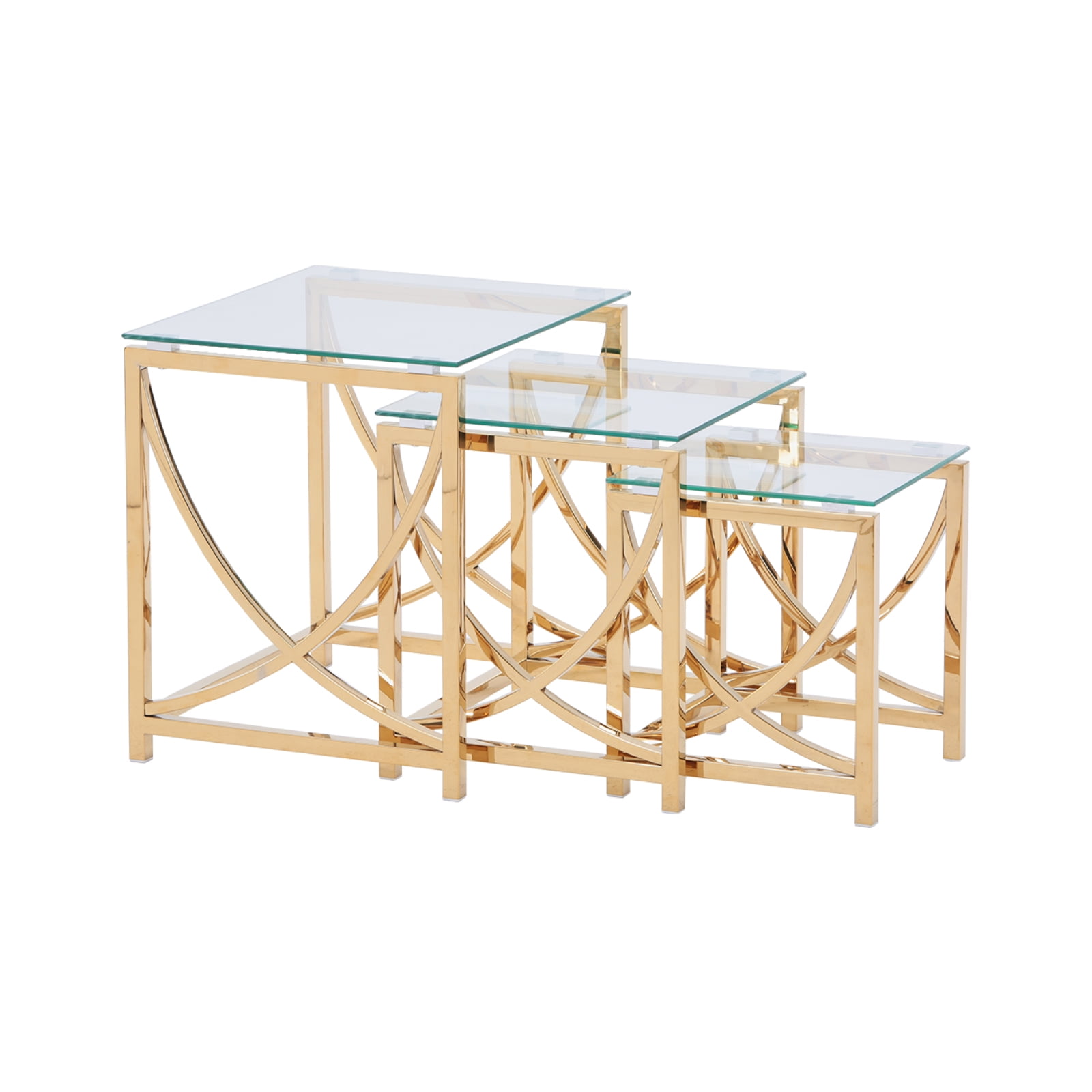 Mydepot 3Piece Gold Square Nesting Glass Coffee Table Set, Stainless