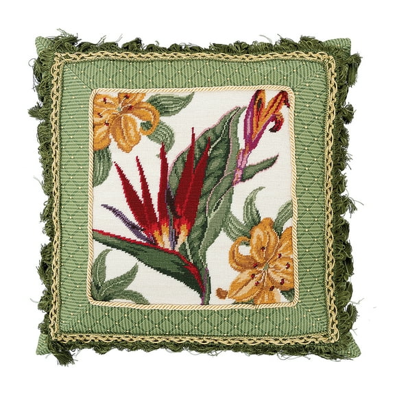 Tropical Floral Needlepoint Throw Pillow, 16" x 16"