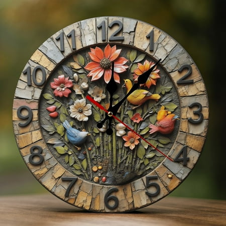 Wall Clock Decorative - Vintage Colorful Garden Birds Print 2D Vintage Wall Clocks Battery Operated Silent Non-Ticking for Bedroom, Living Room, Kitchen, Office, Classroom, 10 Inch