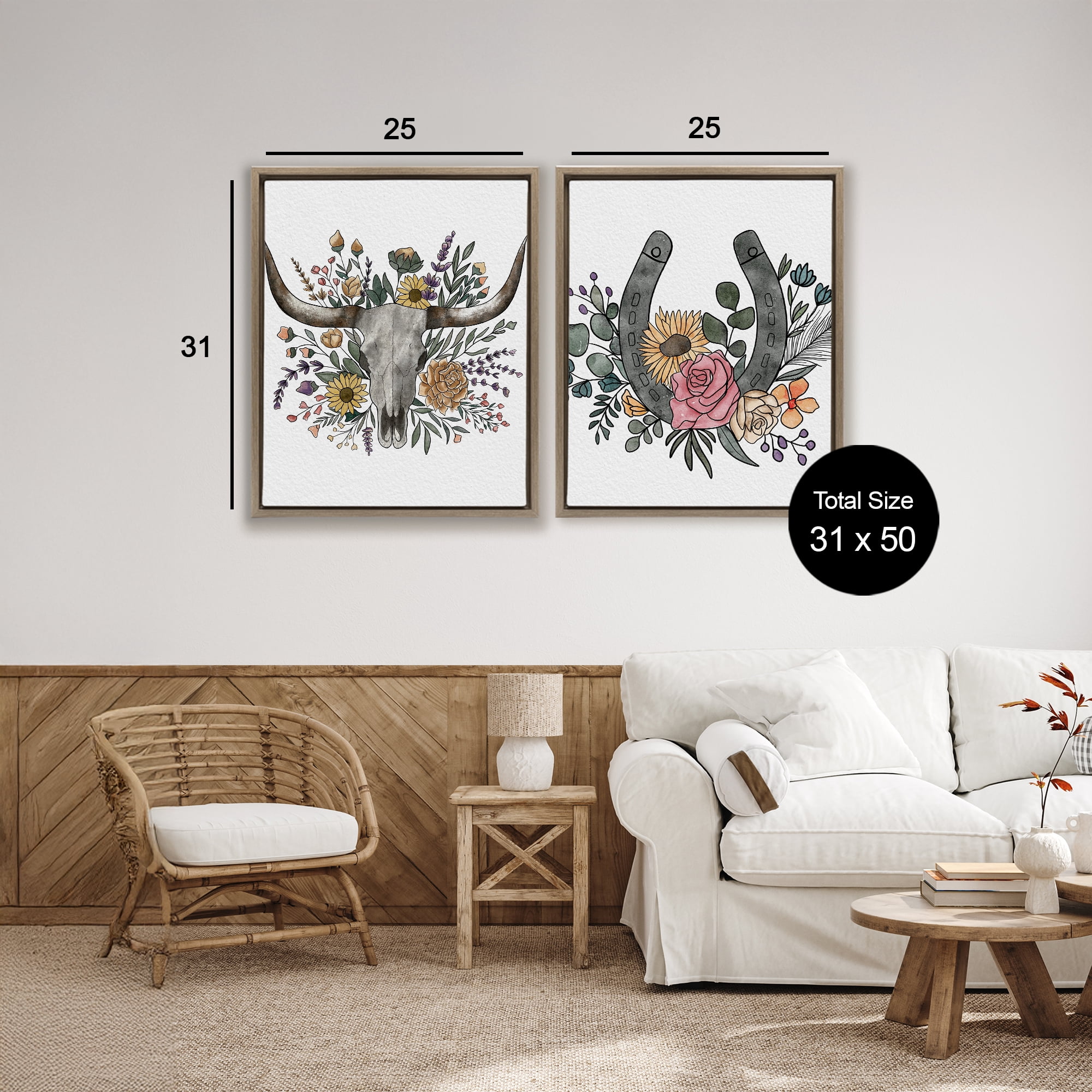 Stupell Industries Boho Longhorn & Horseshoe 2 Piece Brown Framed Floater Canvas Set, design by Alisha Kiara Design