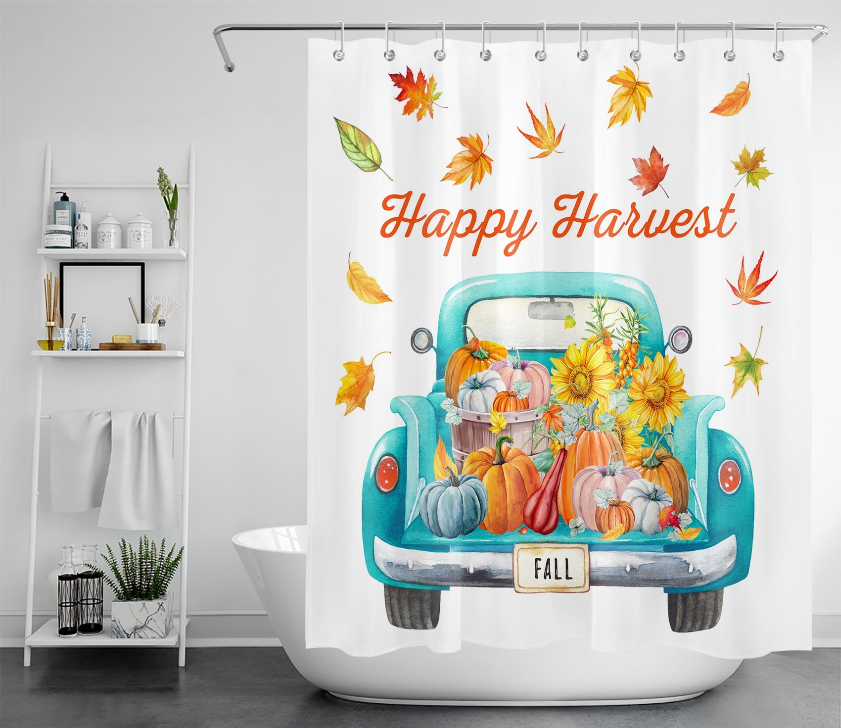 HVEST Fall Harvest Shower Curtain, Thanksgiving  Pumpkin and Sunflower on Teal Truck Shower Curtain for Bathroom, Colorful Polyester Fabric   60x72 Inch with Hooks