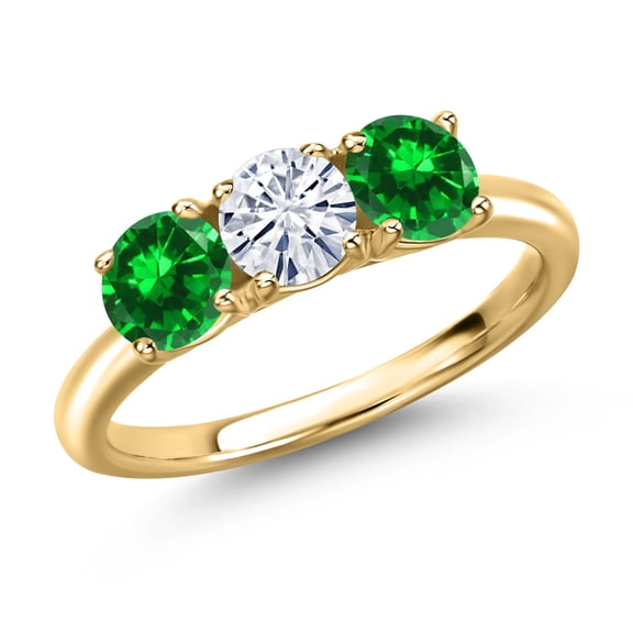 Gem Stone King 18K Yellow Gold Plated Silver White Moissanite and Green Created Emerald Engagement Ring for Women | 2.18 Cttw | Round 5MM | Gemstone Birthstone | Size 5