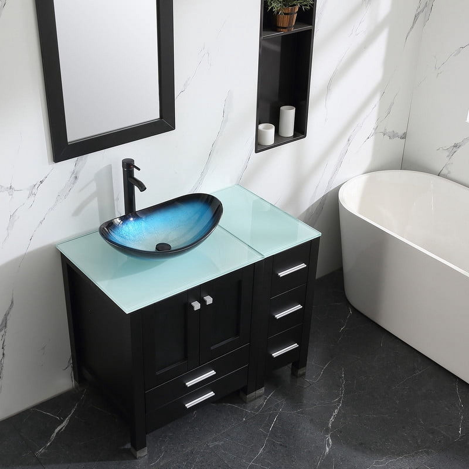 Walsport 36" Luxurious Bathroom Vanity with Blue Tempered Glass Vessel Sink Bowl and Countertop and Mirror and Faucet,Stand Floor Cabinet Bathroom Storage Vanity with Pop Up Drain,Black