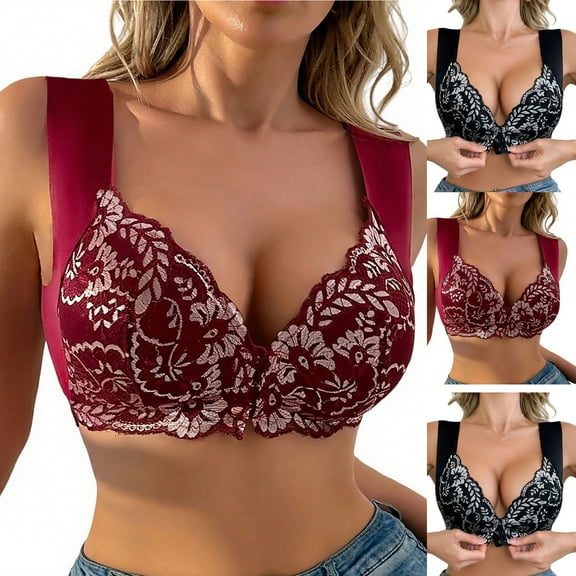 Loopsun Womens Bras Plus Size, Push up Bra for Women, Women's Fashion Solid Front Closure Lace Push Up Comfortable Everyday Underwear Wireless Bra Wine, M