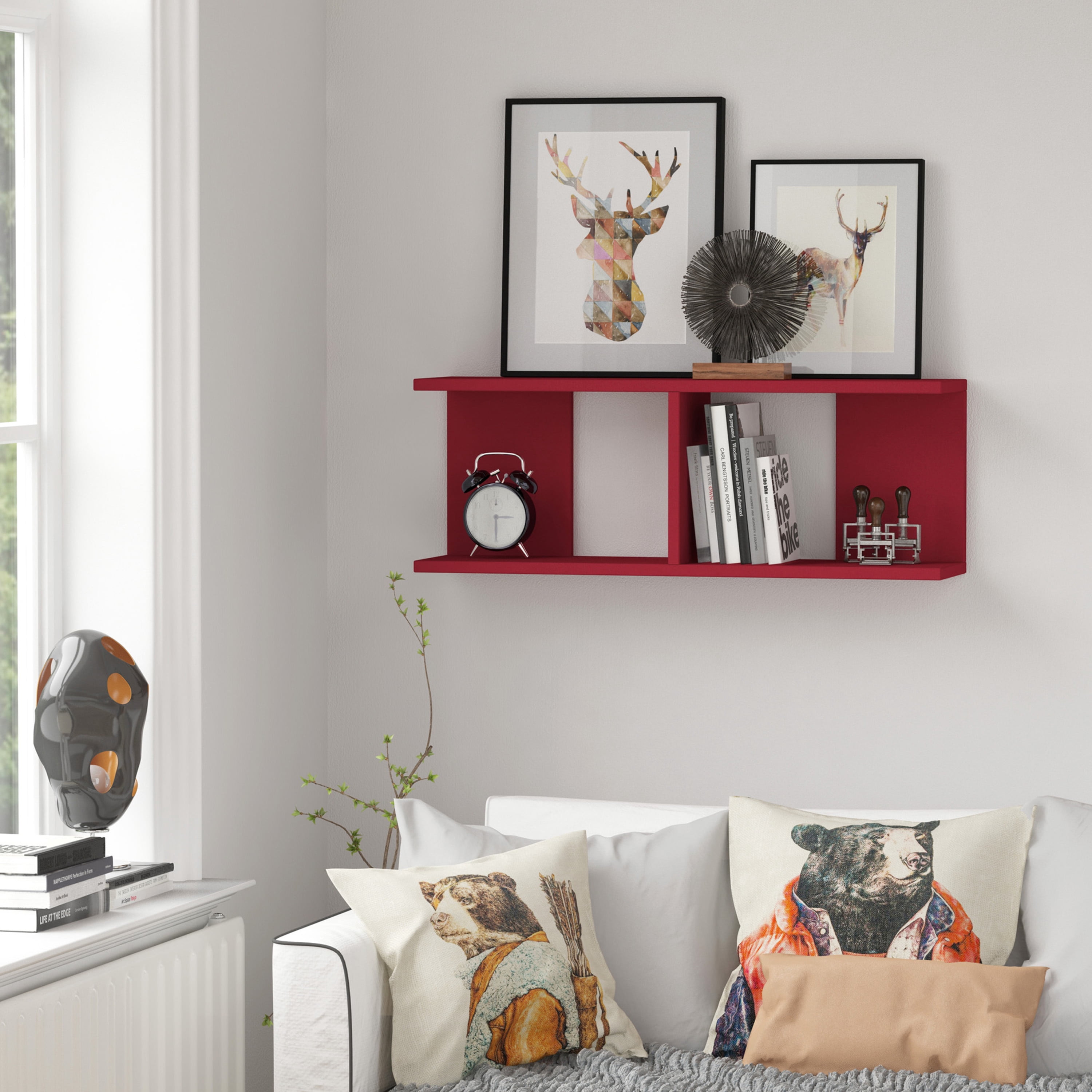 Ada Home Decor Furniture 32.28" 2 Tier Burgundy Warwick Modern Wall Shelf