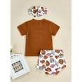 thumbnail image 5 of Bagilaanoe Baby Girls Summer Outfits Letter Print Short Sleeve T-shirt Tops and Shell Print Casual Shorts Headband 3pcs Set, 5 of 9