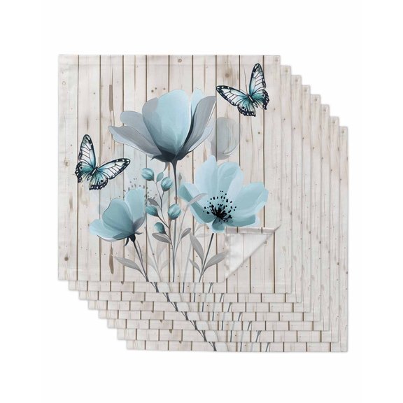 nqOlkjepod Blue Tulip Cloth Napkins Set of 8 Reusable Dinner Napkins, Country Spring Butterfly Floral Wooden Grain Cocktail Napkin Washable Table Napkins for Wedding/Party/Baby Shower 20"x20"