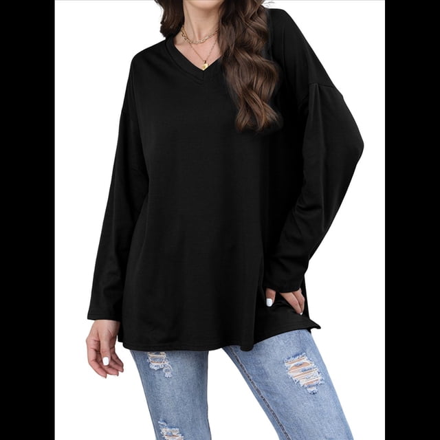 Blusas de Mujer de Larga con Cuello en V, Túnicas Casuales, Camisas Básicas, Blusas Holgadas Negro S
