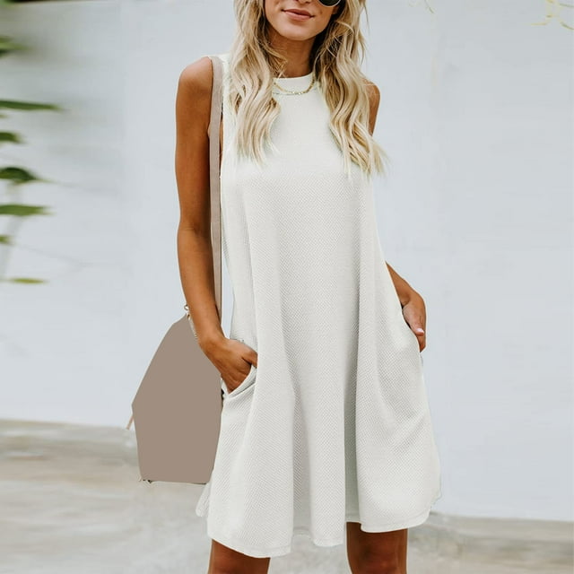 Fshaion Robe d'Été pour Femmes 2024 Grande Taille Printemps et Col Suspendu Jupe Grand Dos Robe Sans Manches Col Rond Liquidation à Moins de 10!
