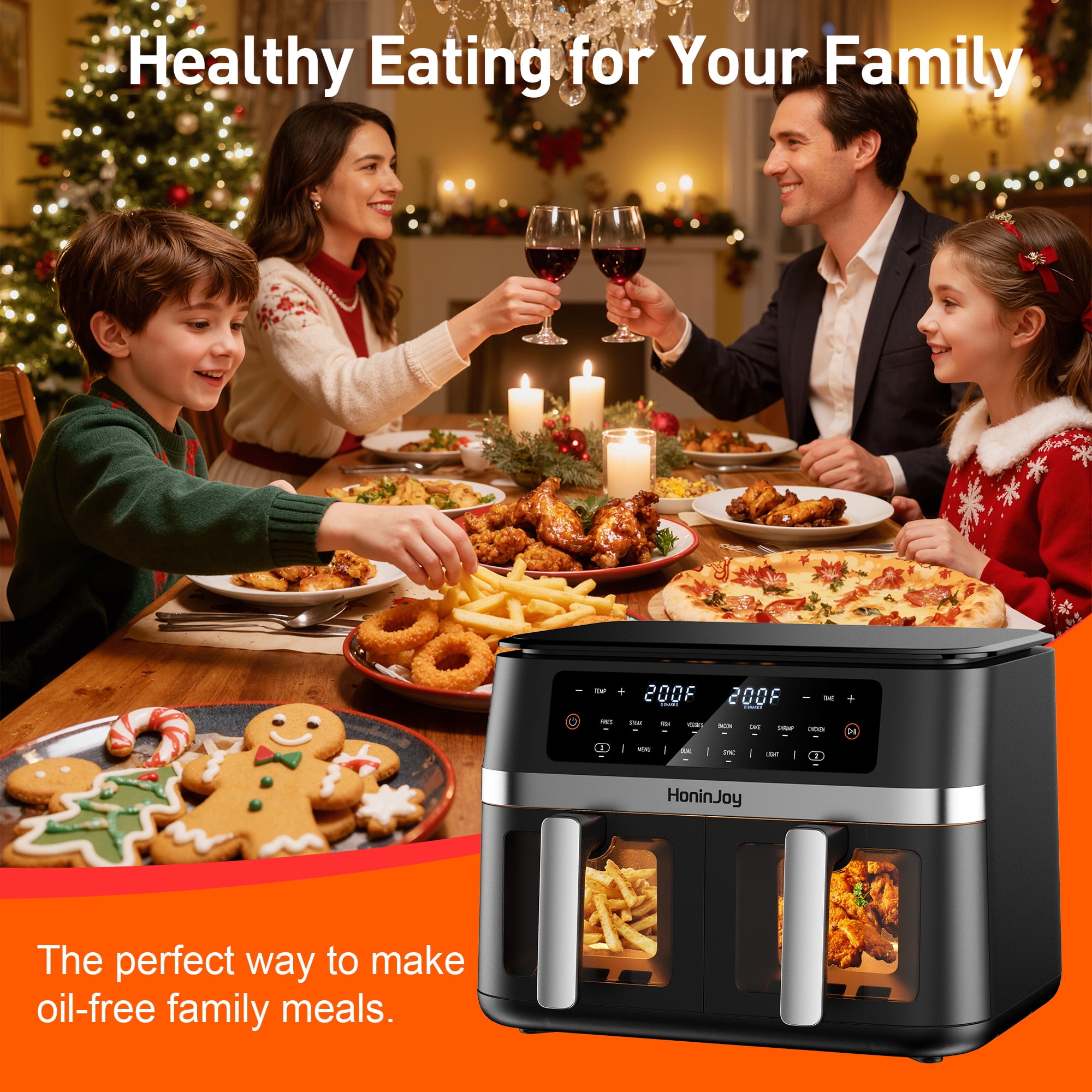 HoninJoy 12 QT Large Dual Basket Air Fryer, With Visible Cooking Window( 50PCS Air Fryer Liners Included)-New