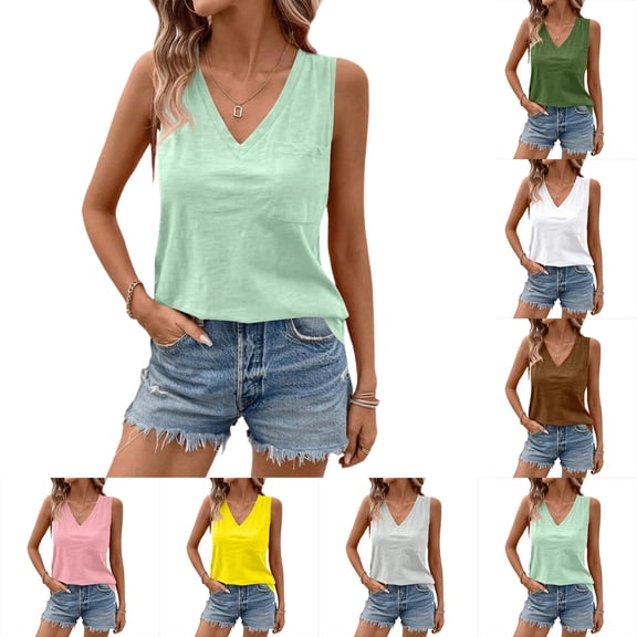 Summer Sleeveless Tank Tops for Women 2026 V Neck Pocket Tank Tops Ladies Casual Tees Mint Green XXL