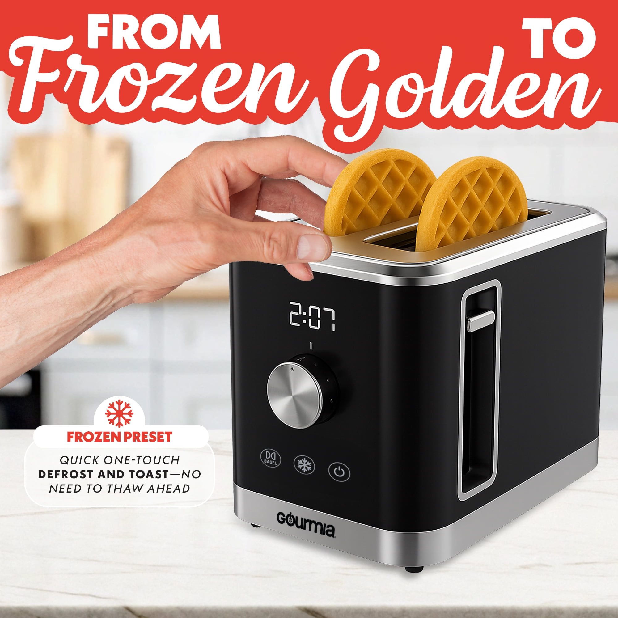 Gourmia 2 Slice Toaster with 6 Browning Levels, Bagel & Defrost Modes, Wide Slots, Slide‑Out Crumb Tray