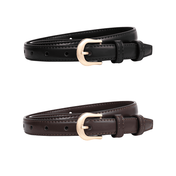 KALUNMA 2 Pack Women Skinny Leather Belt for Jeans Pants Dresses Fashion Thin Ladies Belts with Gold Prong Buckle