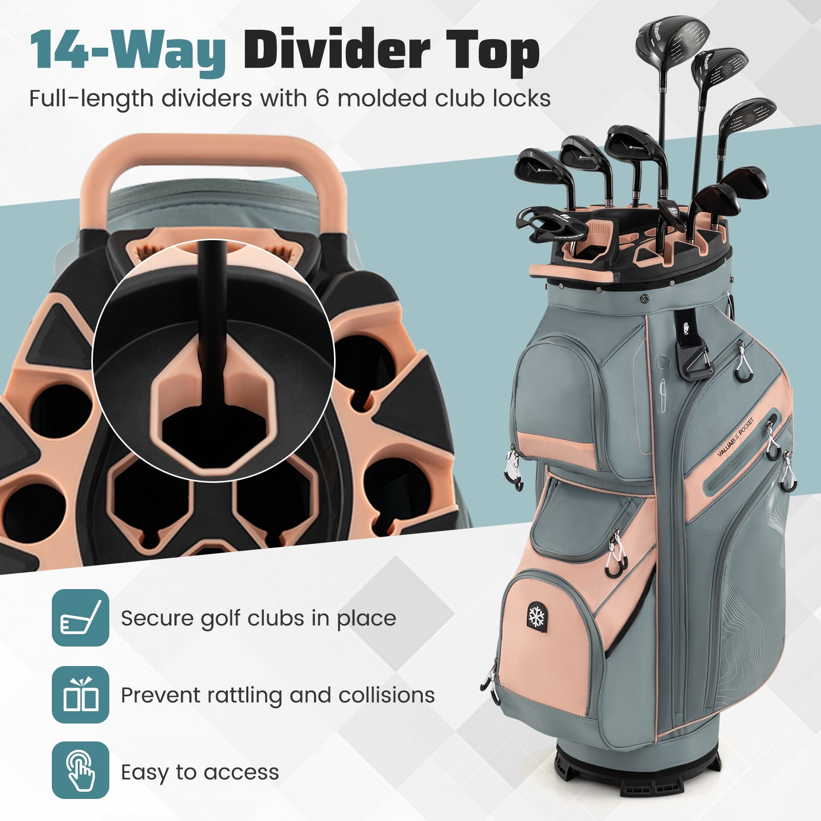 Gymax Golf Cart Bag Molded Lock Top Golf Bag w/14-Way Full Length Dividers 11 Pockets Dusty Pink