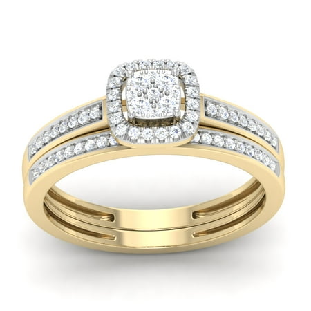 Trillion Designs 10K Yellow Gold 1/4 Ct. TDW Round Cut Diamond Cluster Bridal Ring Set