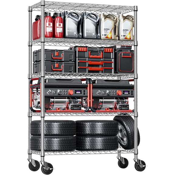 5-Tier Storage Shelving Unit with Wheels, Adjustable Heavy Duty Steel Wire Rack Organizer (Chrome, 17.7" D x 47.2" W x 76.7" H, 1750 lbs Capacity) for Garage, Kitchen, Pantry, Laundry, Basement