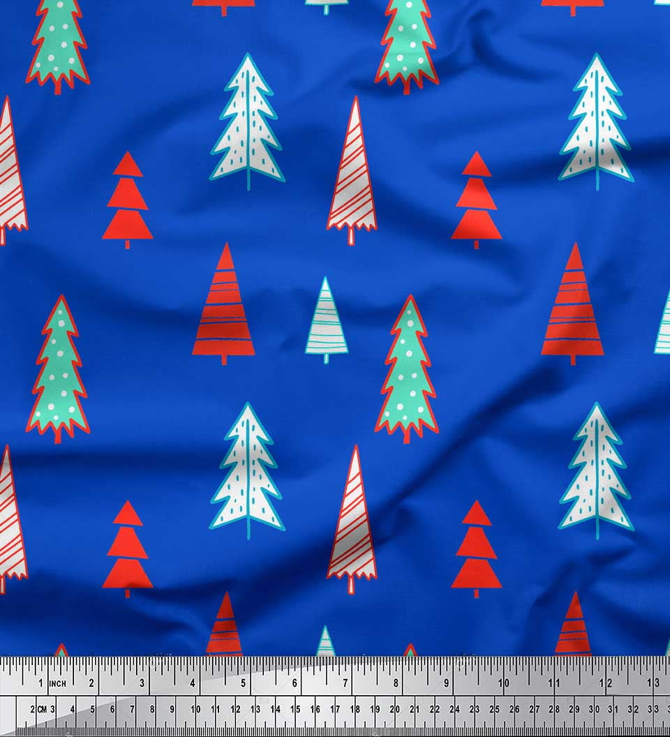 Soimoi Blue Silk Fabric Christmas Tree Print Fabric by the Yard 42 Inch Wide