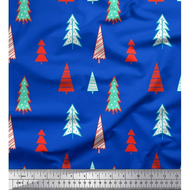 Soimoi Blue Heavy Satin Fabric Christmas Tree Print Fabric by the Yard 54 Inch Wide