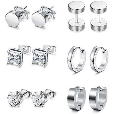 6 Pairs Stainless Steel CZ Stud Earrings Huggie Hoop Earrings Ear 6 Pairs Stainless Steel CZ Stud Earrings Huggie Hoop Earrings Ear