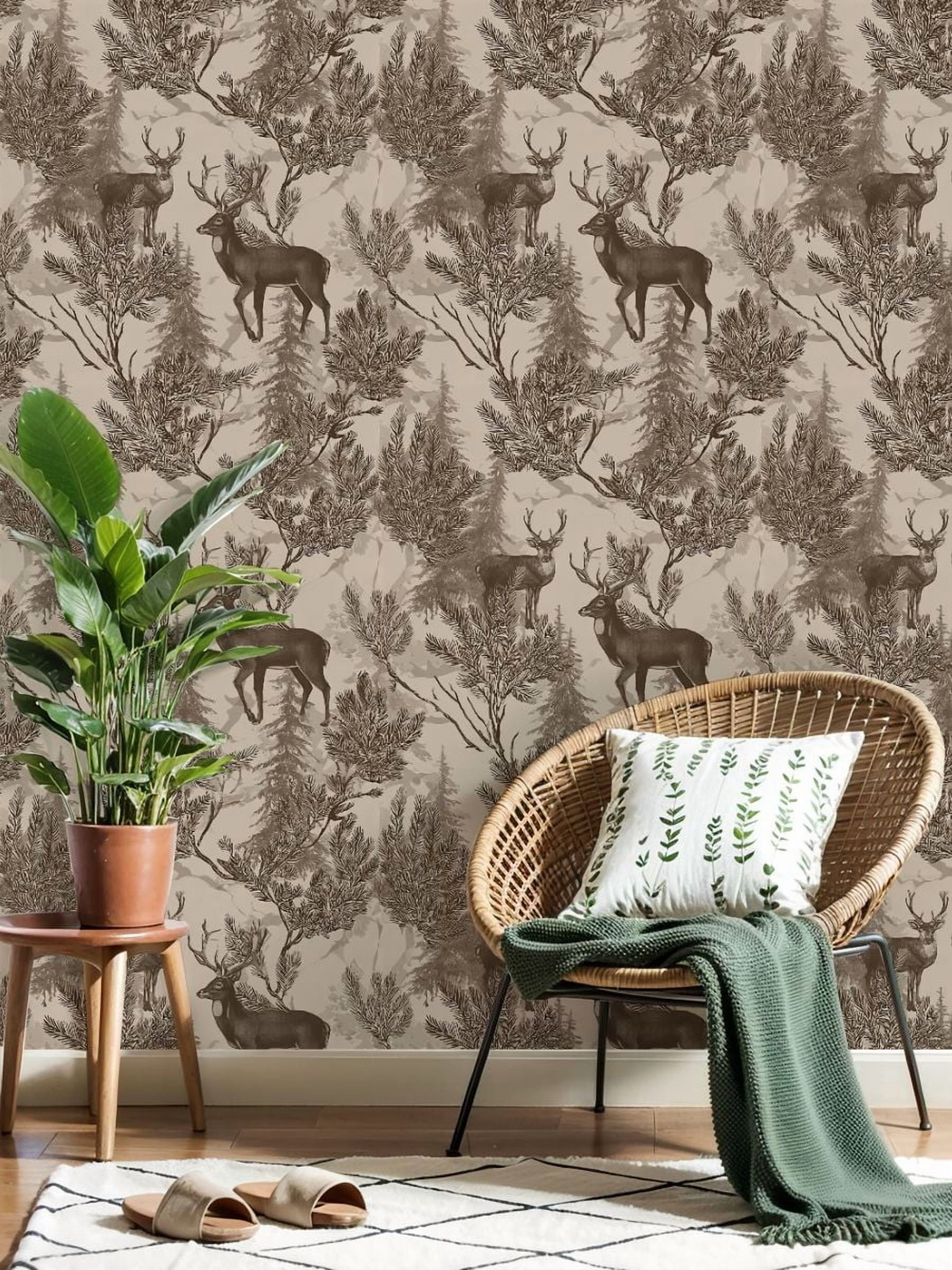 Peel and Stick Wallpaper Deer Woodland Forest Sepia Tones Pine Branches Wall Mural 23.6in x 9.8ft Self Adhesive Removable Wall Paper Renter Friendly Wallpaper for Nursery Bedroom Cabinets