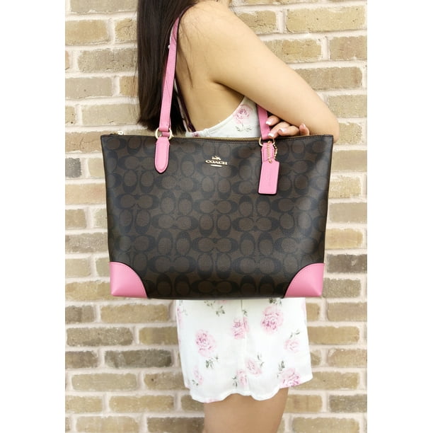 Coach F29208 Top Zip City Tote Signature Canvas Handbag Brown Pink