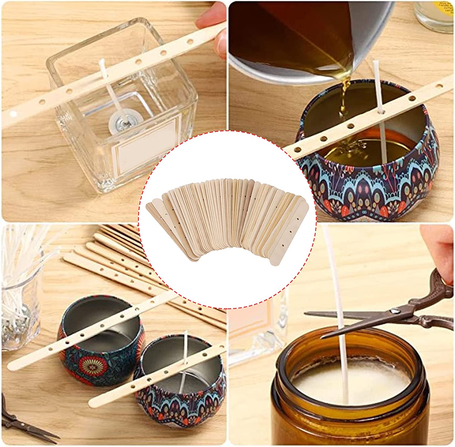 50pcs 3 Holes Candle Wick Holder Candle Wick Bars Wick Clips Wooden Candle Wick Stickers Candle Making Wick Clips Centering Tools