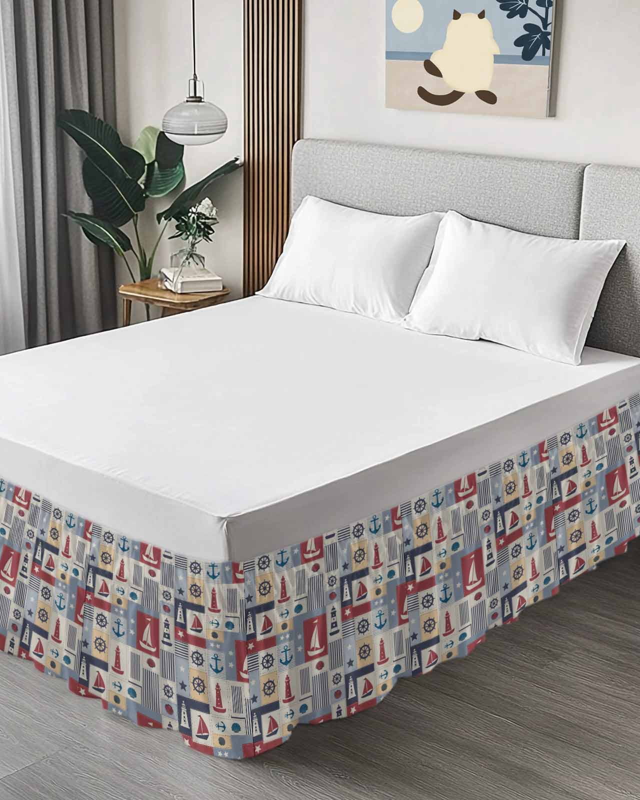 Nautical Ship Checked Wrap Around Bed Skirts for Queen Bed 16" Drop,Bed Skirt with Adjustable Elastic Belt Dust Ruffle Bed Valance for Bedroom Hotel Blue Coastal Sailboat Anchor Bed Frame Cover
