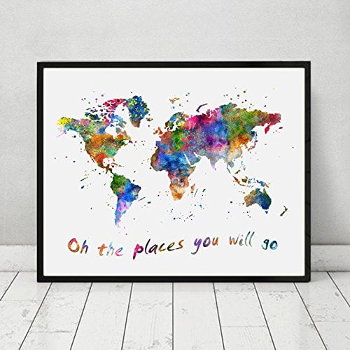 Aaheei Oh The Places You Will Go Quotes The World Map Wall Art Watercolor World Map Art Nursery Print Travel Poster