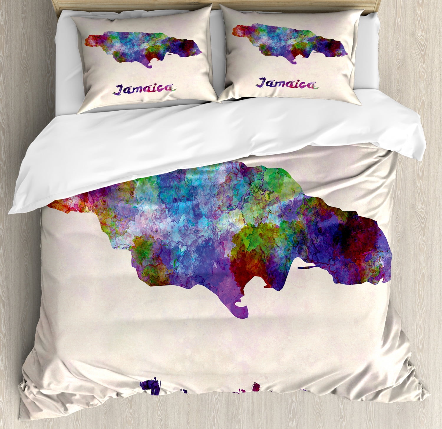Jamaican Duvet Cover Set Queen Size, Abstract Watercolor Map of Jamaica