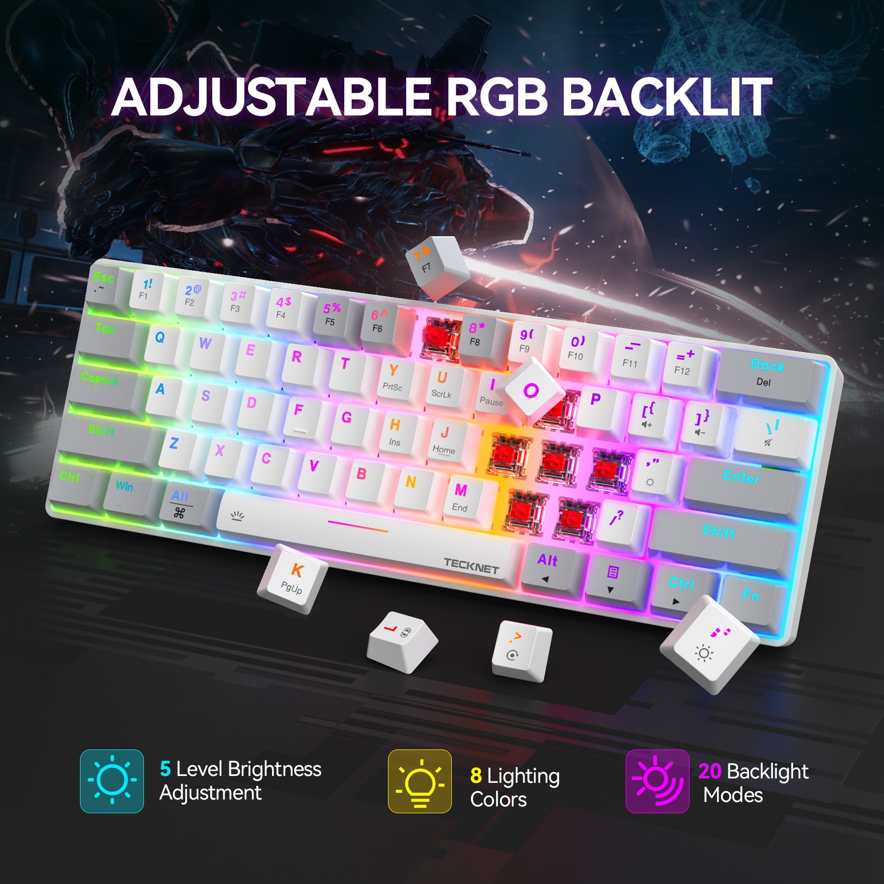 TECKNET Ultra Compact Mechanical Keyboard with 60% Cable, RGB Keyboard, White USB Keyboard with Red Switch, Illuminated Keyboard with Adjustable Stand, Clicky Portable Keyboard