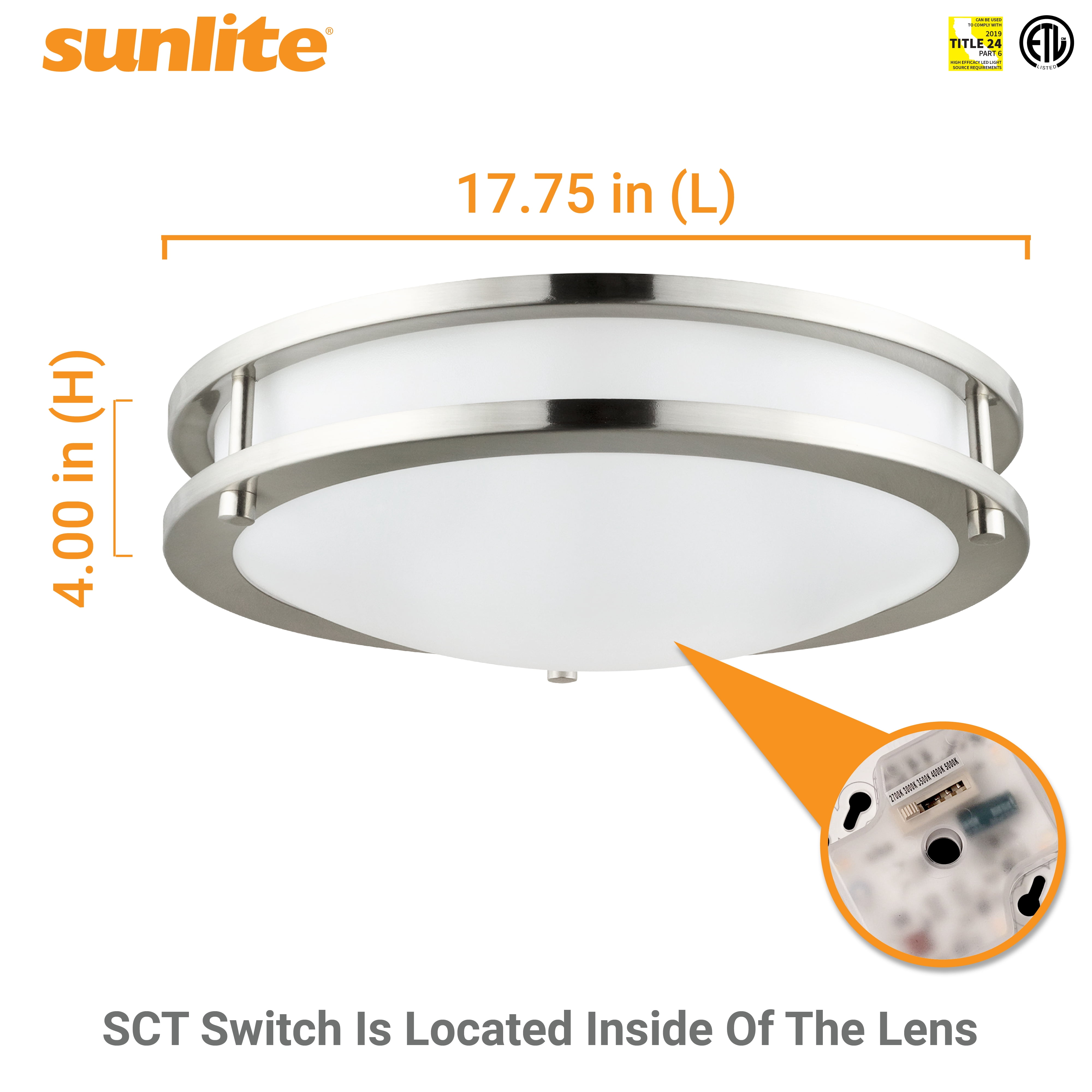 Sunlite 18” LED Decorative Flush Mount Ceiling Light Fixture, 28 Watts, 2400 Lmns, Color Selectable 27K/30K/35K/40K/50K, Dimmable, 90 CRI, 120 Volts, ETL Listed, Title-24 Compliant
