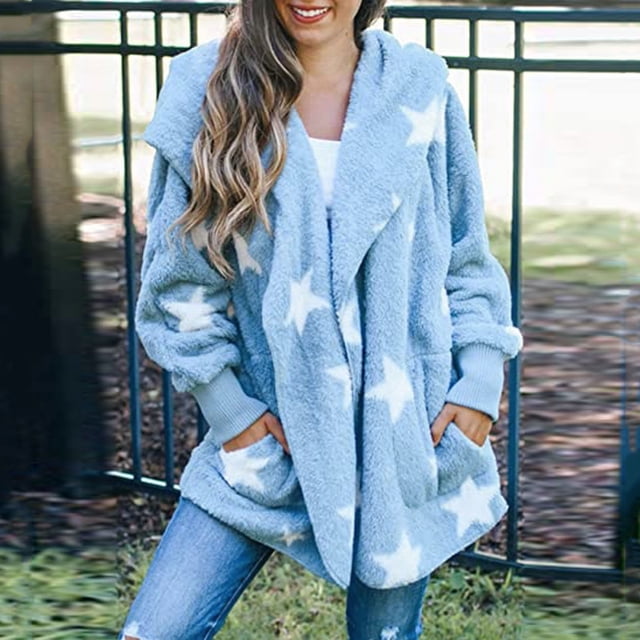 Cardigans Légers pour Femmes Mode Décontractée à Capuche avec Poches Cardigan Étoile à Cinq Branches Veste en Peluche en Liquidation