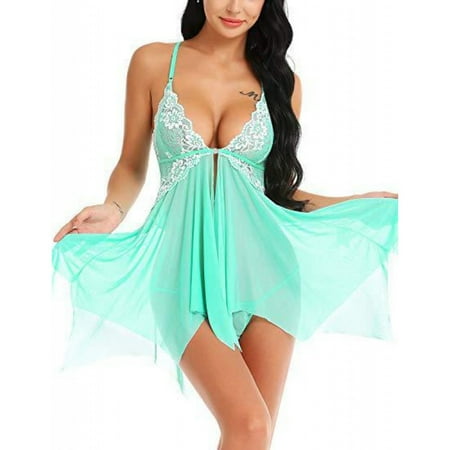 Women Lace Lingerie Front Closure Babydoll V Neck Nightwear Sexy Chemise Nightie