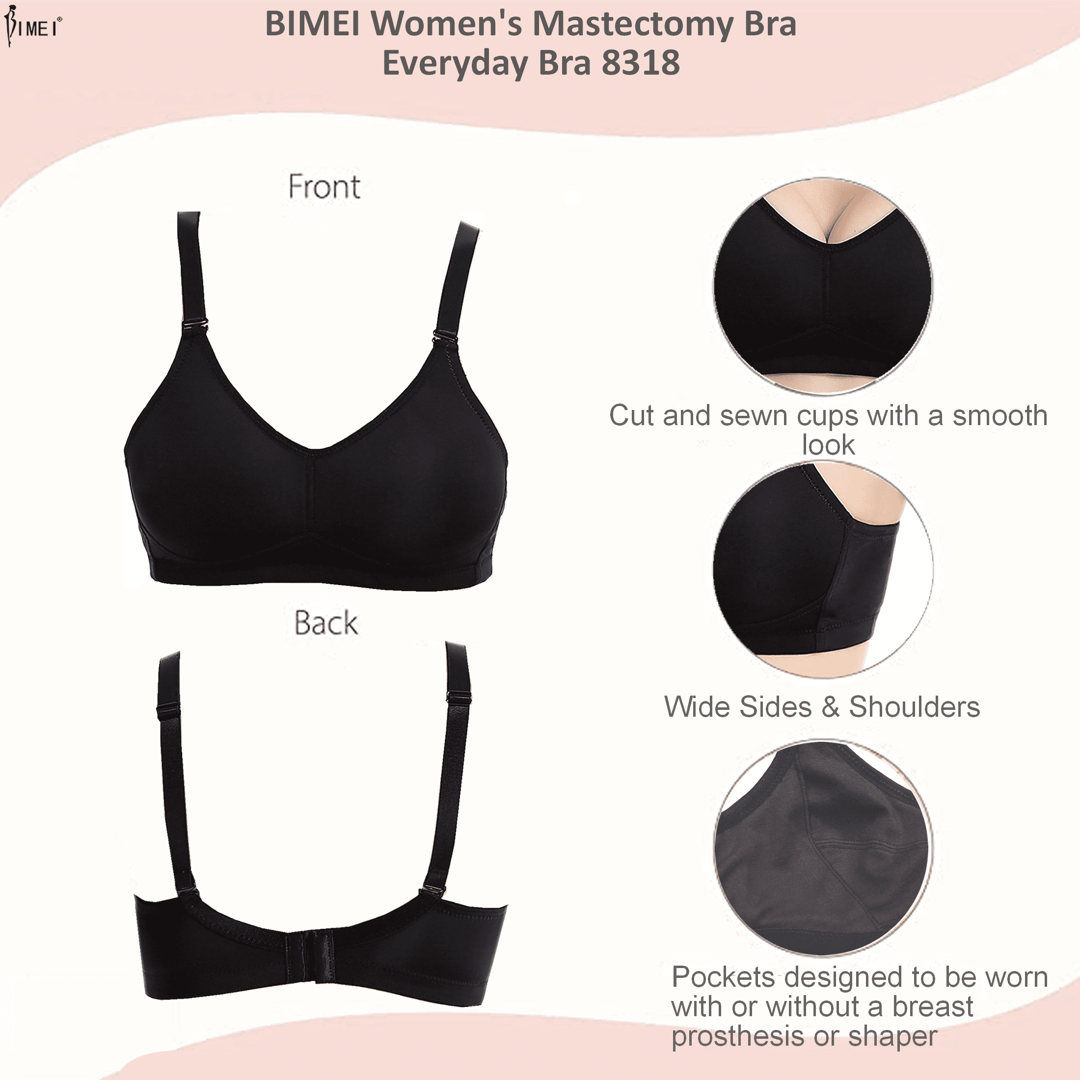 BIMEI Women's Mastectomy Bra Pockets Wireless Post-Surgery for Breast Forms Everyday Bra 8318,Black, 42A