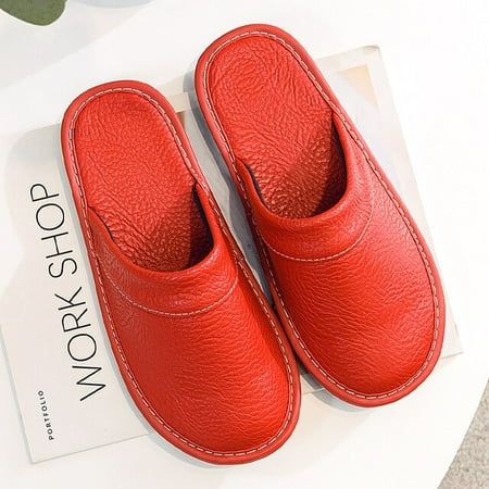 

CoCopeanut Black Home Leather Slippers Men s Indoor Flats Waterproof Autumn Lovers Shoes Classic House Couples Soft Leather Slippers