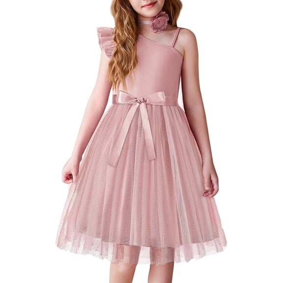 Oudiya Girls Spring One Shoulder Dresses Ruffle Sleeveless Formal Birthday Party Tulle Belted Dress for Kids 4-12Y