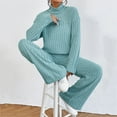 thumbnail image 4 of Valora Women Fashion Outfit Women'S Two Piece Knit Matching Outfits High Neck Slit Hem Tee And Pants Tracksuit Sets Women'S Trousers Suit Blue L, 4 of 4