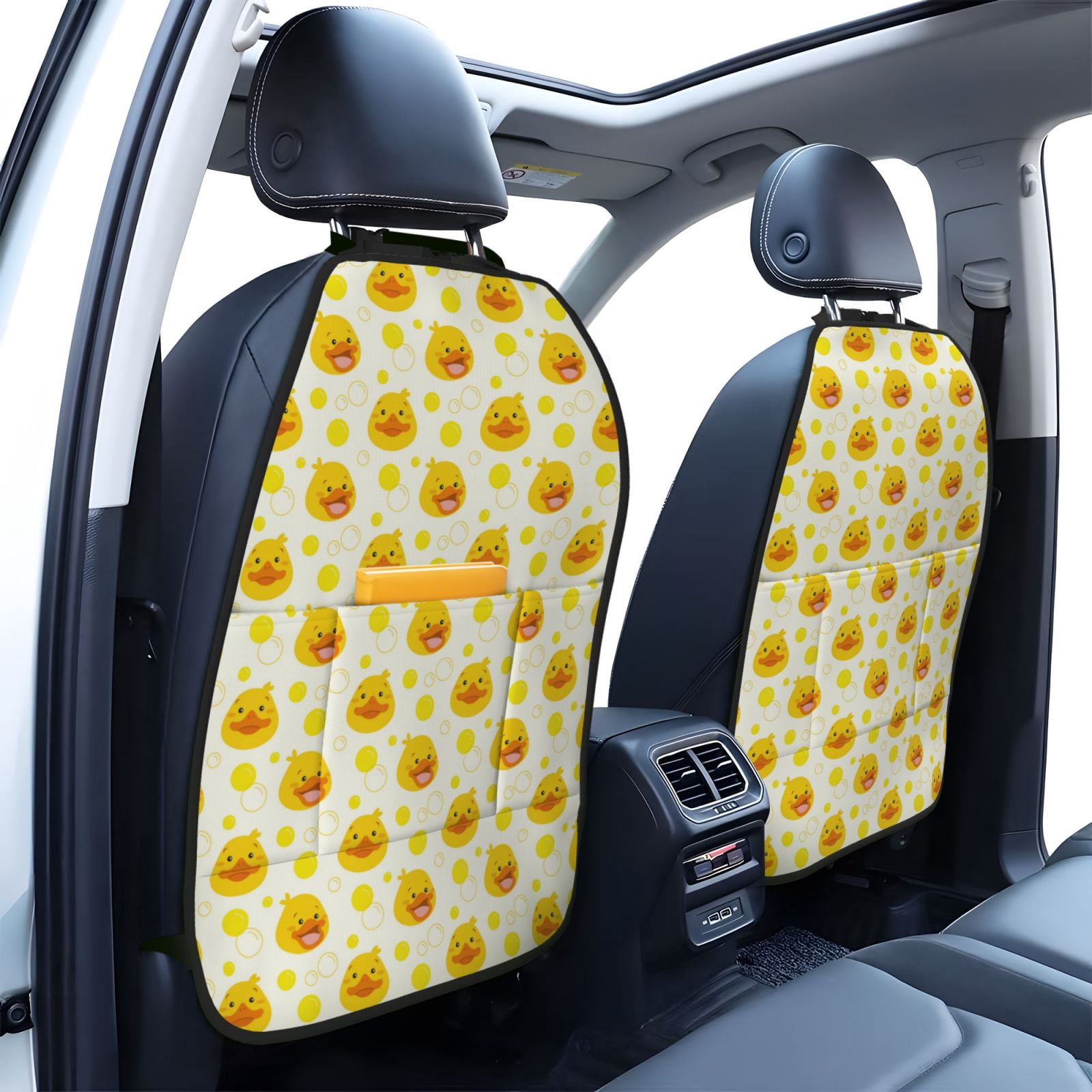Xecao Ducky Cartoon Pattern Car Seat Back Protector 2 Pack Large Capacity Pocket, Kick Mats Back Seat Protector