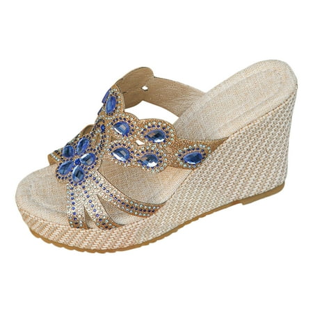 

LLQEUIB Stud Sandals for Women Ladies Summer Rhinestone Bright Leather Thick Bottom Sandalias de Mujer Slope Heel Mules 50Th Birthday Gifts for Her