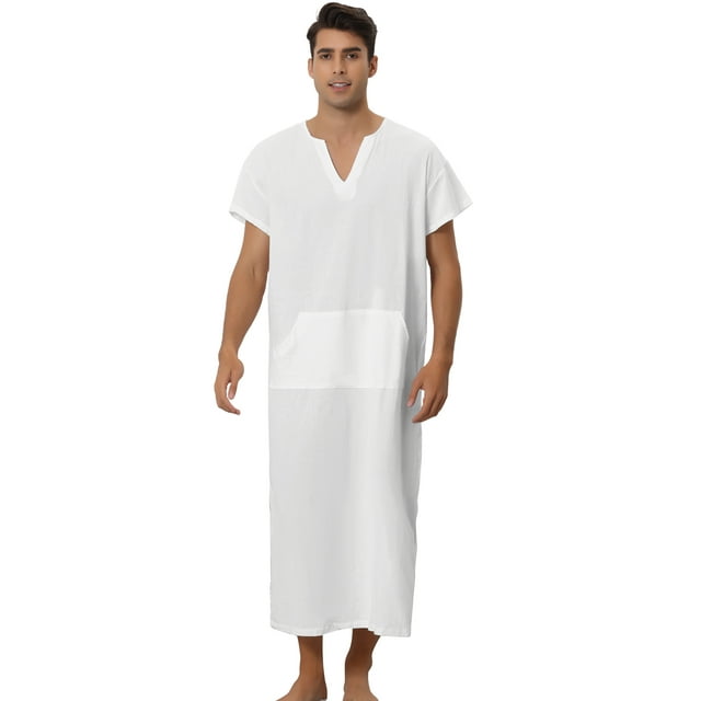 Camisón de manga corta para hombre, de algodón, con escote en V y abertura lateral, vestido largo blanco M