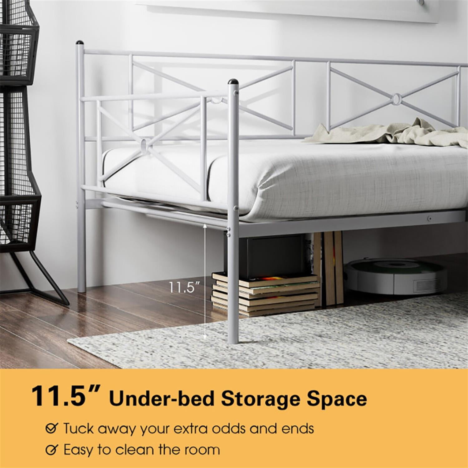 Demi Bonn Metal Daybed Twin Bed Frame Stable Steel Slats Sofa Bed, Modern Bed Frame for Teens, Silver