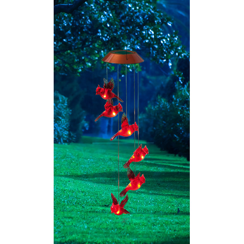 Solar Powered LED Red Cardinal Bird Wind Chime Color-Changing Light Garden Decor