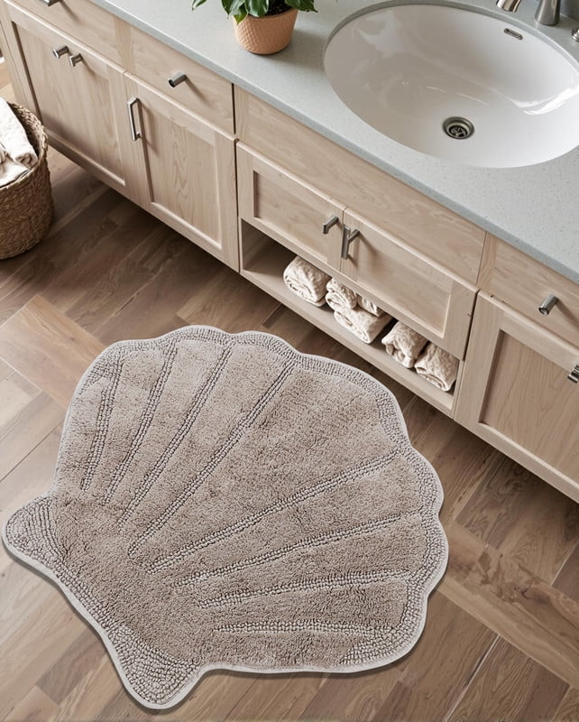 Better Trends Seashell Bath Rug, 100% Cotton Cute Beach Theme Bathroom Mat, Soft & Absorbent, Reversible, Washable Foot Mat, Beige Sea Decor for Kids & Home, 25" x 28" Marilyn Collection