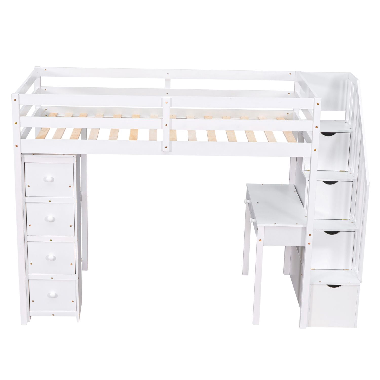 Asteroutdoor Twin Size Loft Bed with Storage Drawers, Desk and Stairs, Wooden Loft Bed with Shelves - White