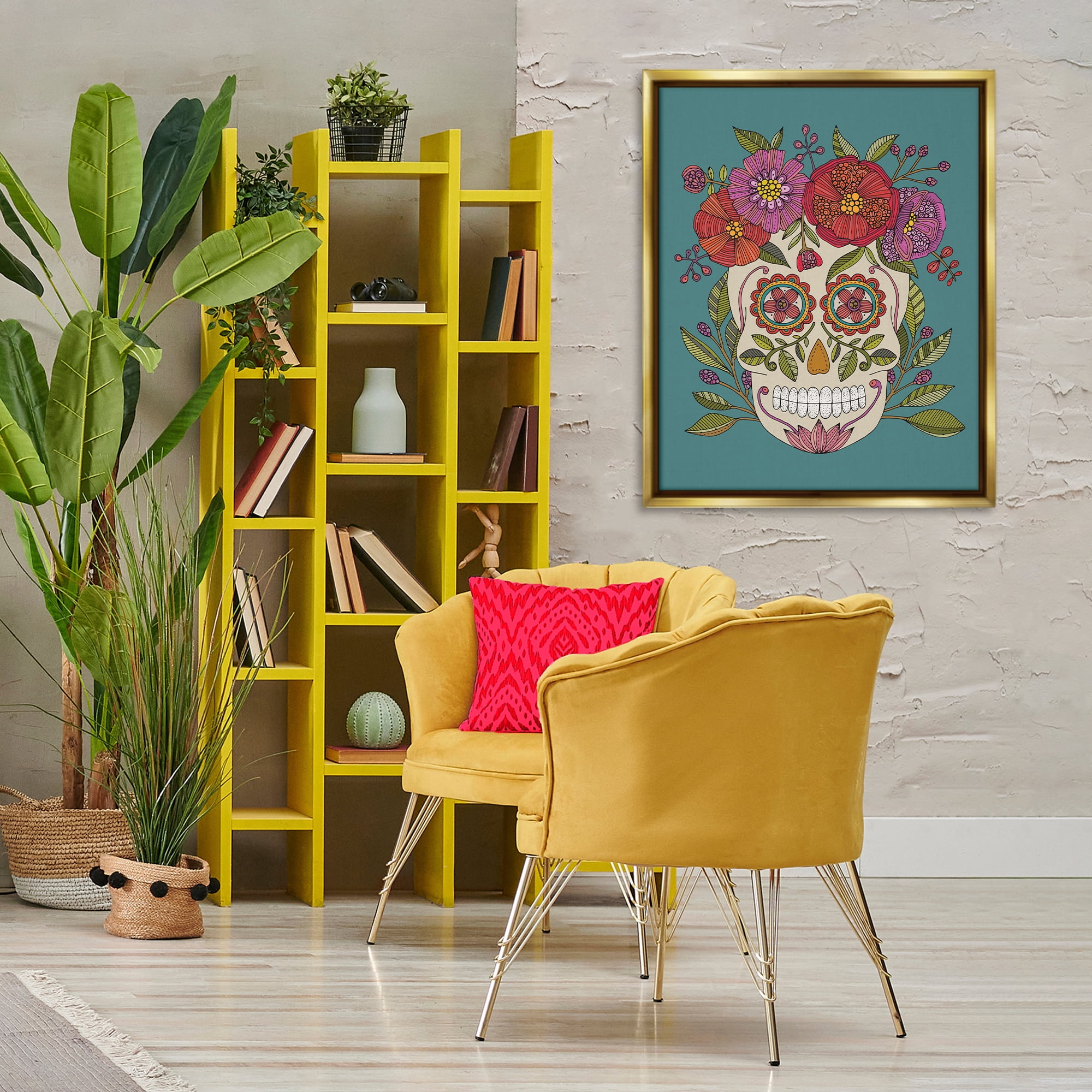 Stupell Industries Floral Sugar Skull Holiday Painting Gold Floater Framed Art Print Wall Art, 25 x 31